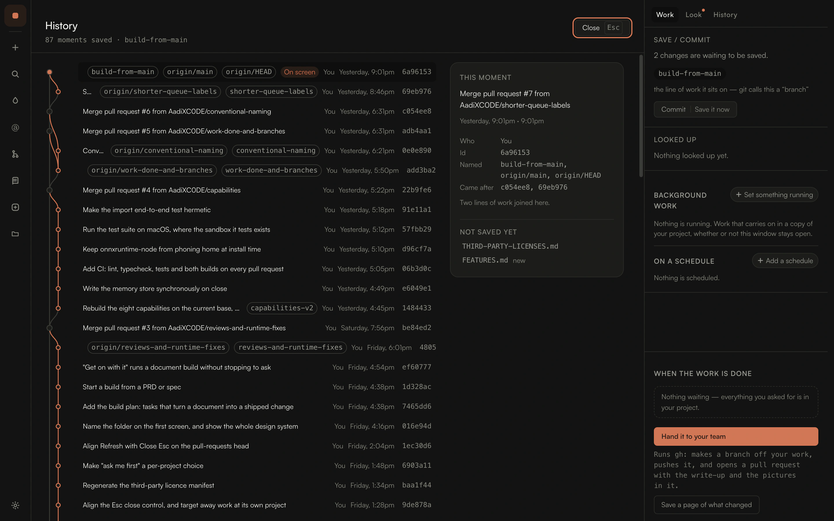 The history view: every commit drawn as lines, with short ids, parents and the names on each.