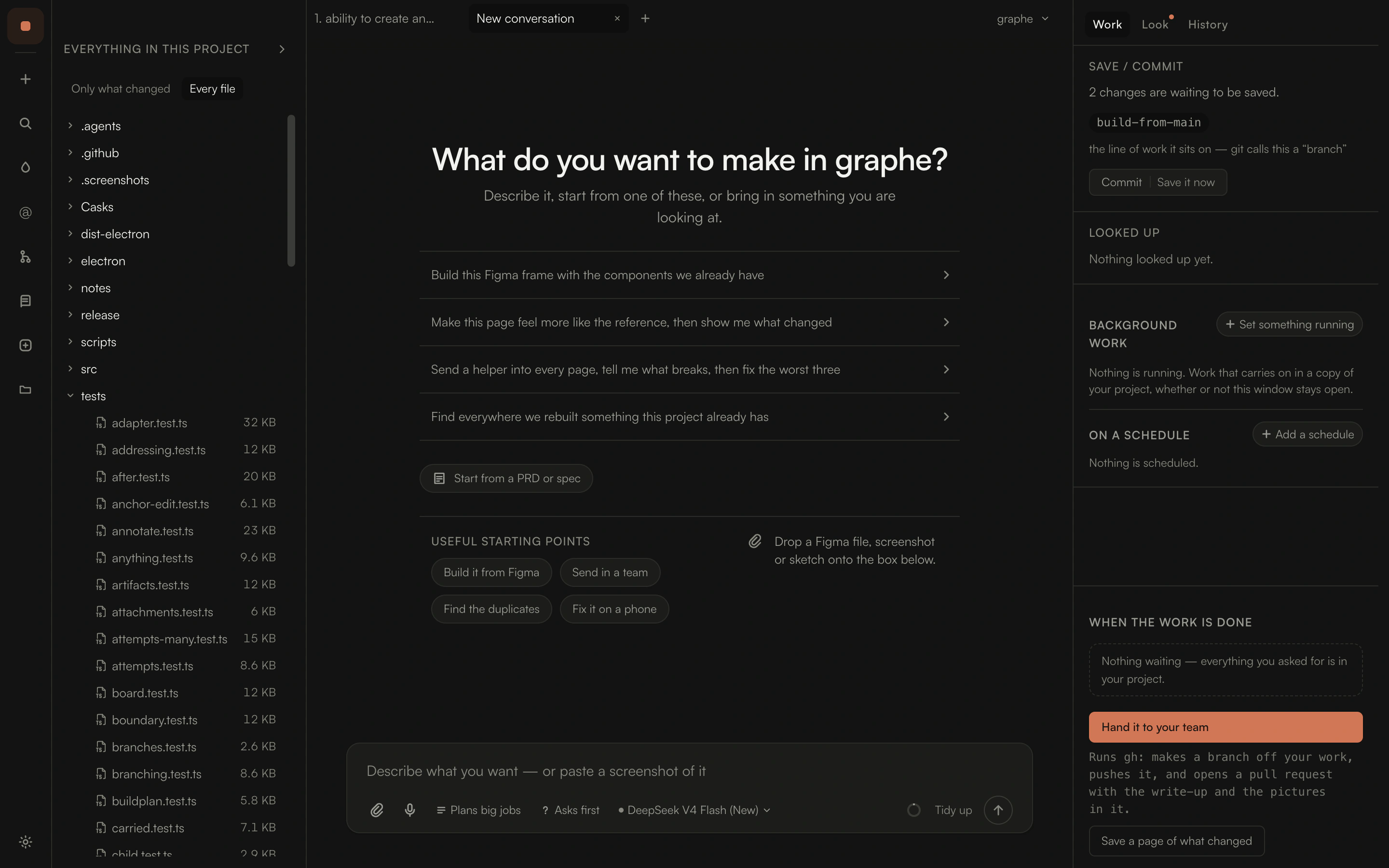 The Graphe window: the project's files down the left, things to start from in the middle, and a rail on the right holding what git has, what is running in the background, and what is waiting on you.